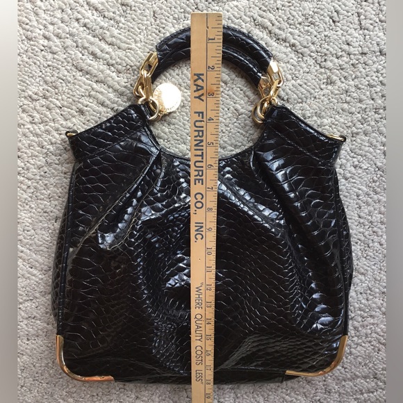 Gianni Bini Black Patent Croc-Embossed Shoulder Bag with Gold Accents - Picture 3 of 7